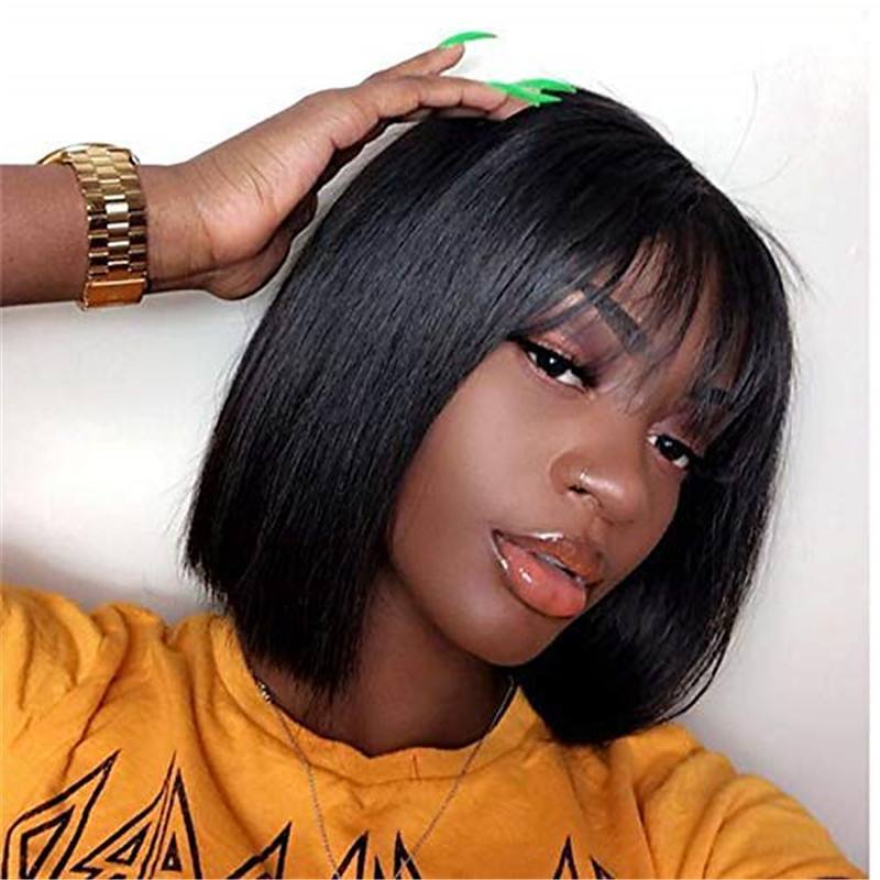 Best Short Bob Haircuts With Bangs Style Brazilian Hair Straight Wig 130% 150% 180% Density Fashionable Design Soft Women Easy Dressing Sexy Lady