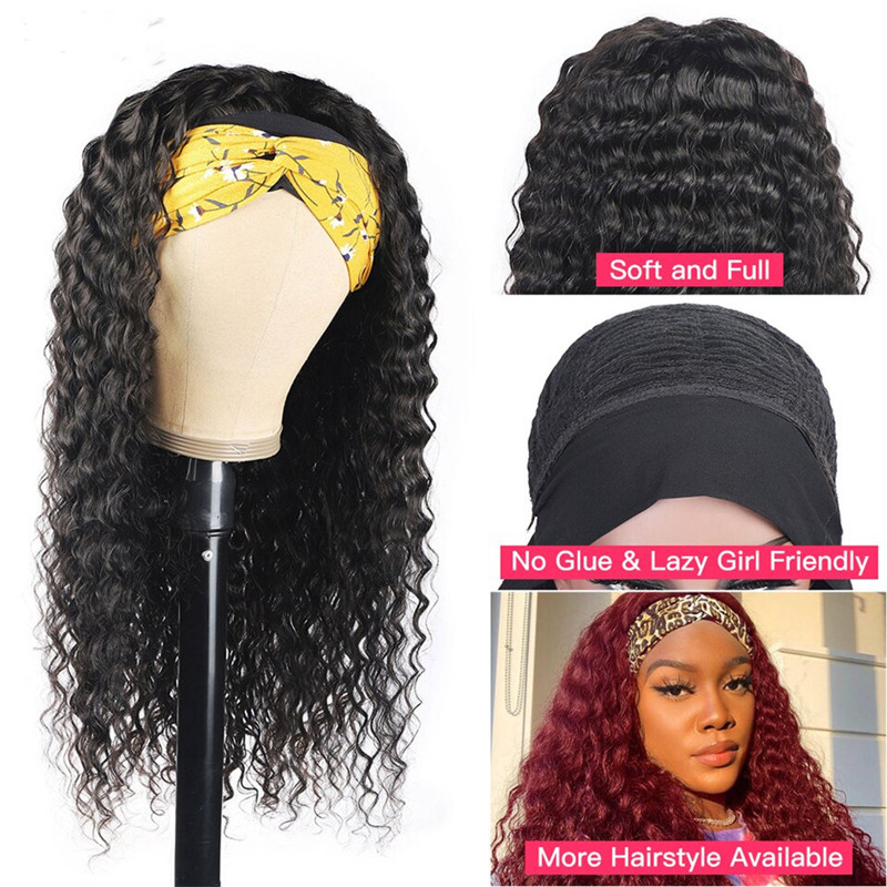 Deep Wave Headband Wig Natural Color Machine Made Non-Lace Wigs Headbands