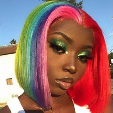Pink Blue Green Colored Rainbow Highlight Wig Human Hair Pre Plucked Bob Wig Straight Lace Front Human Hair Wigs