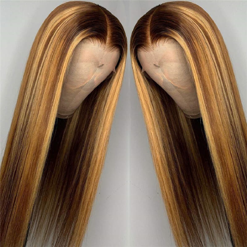 Highlight Wig Human Hair P4/27 13x4 Lace Frontal Wigs 180 Density T Part Brazilian Straight Colored Lace Front Human Hair Wigs