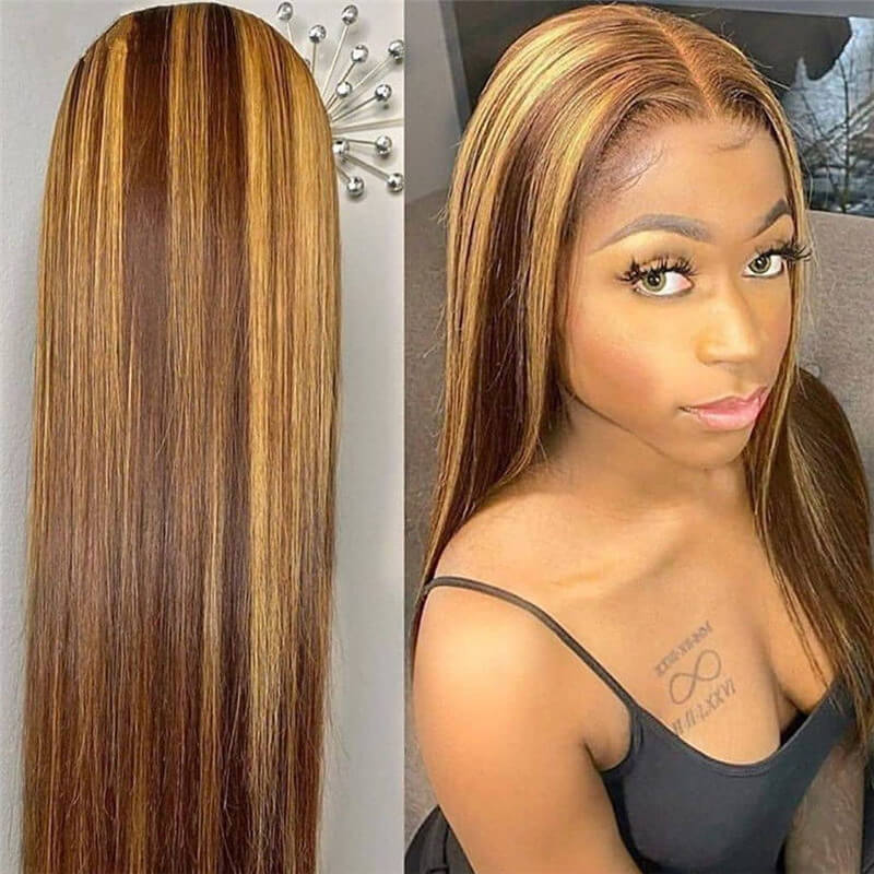 Highlight Wig Human Hair P4/27 13x4 Lace Frontal Wigs 180 Density T Part Brazilian Straight Colored Lace Front Human Hair Wigs