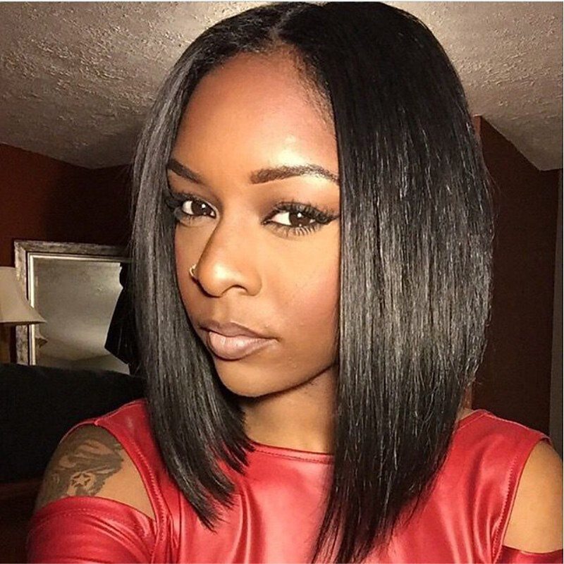 African Americ lace Front Wig Bob Layered Haircut Middle Part Kardashian style Brazilian Hair Straight Wig 130% Density with Baby Hair Natural Hairlin