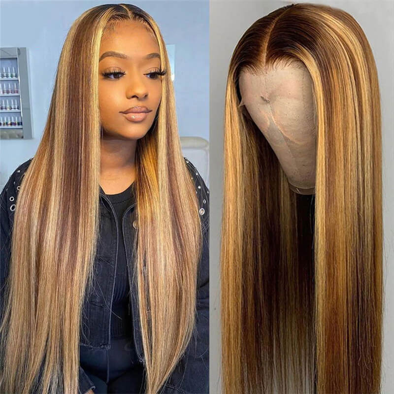 Highlight Wig Human Hair P4/27 13x4 Lace Frontal Wigs 180 Density T Part Brazilian Straight Colored Lace Front Human Hair Wigs