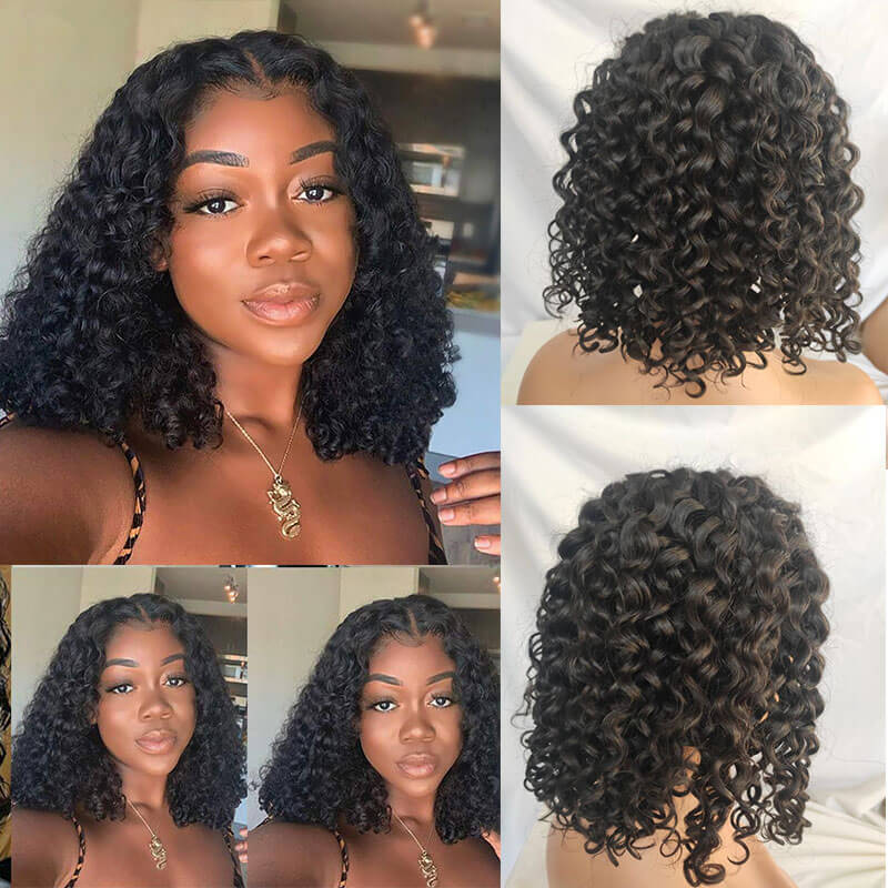 Short Bob Wigs 4x4 Lace Closure Wigs Brazilian Curly Wave Lace Front Wigs Human Hair Curly Bob Wigs For Black Women150%Density1B