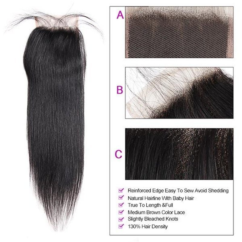 Eseewigs Brazilian Straight Virgin Hair 3 Bundles with 4*4 Lace Closure