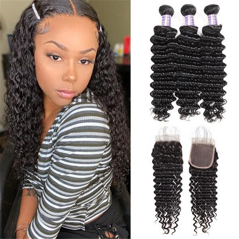 Eseewigs Brazilian Deep Wave 3 Bundles with 4*4 Lace Closure Virgin Hair