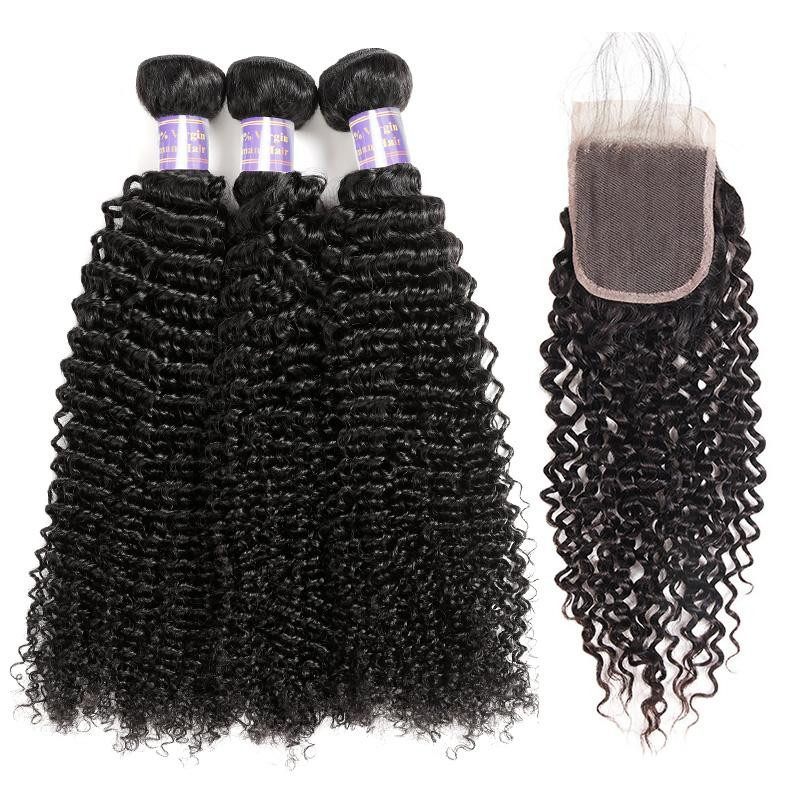 Eseewigs Brazilian Curly Wave Hair 3 Bundles with 4*4 Lace Closure