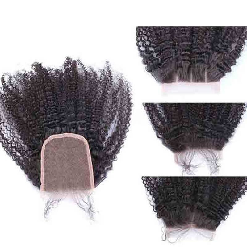 Mongolian Virgin Human Hair Lace Closure With 3 Bundles Afro Kinky Curly Weave