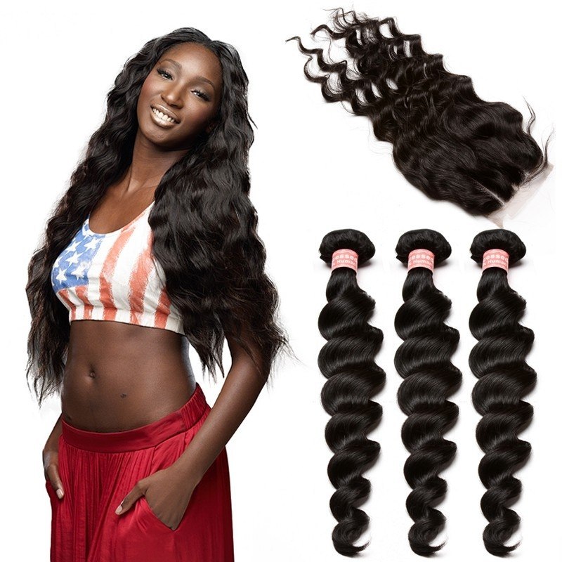 Brazilian Loose Wave 3 Bundles With Closure Hair With 4*4 Lace Closure