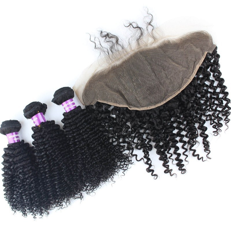 7A Mongolian Kinky Curly Hair With Frontal Closure 3 Bundles With Frontal 13X6 Ear To Ear Lace Frontal Closure With Bundles