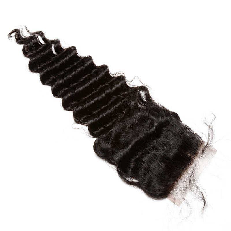 Brazilian Hair Weave 3 Bundles with Free Part Lace Closure Deep Wave Natural Color