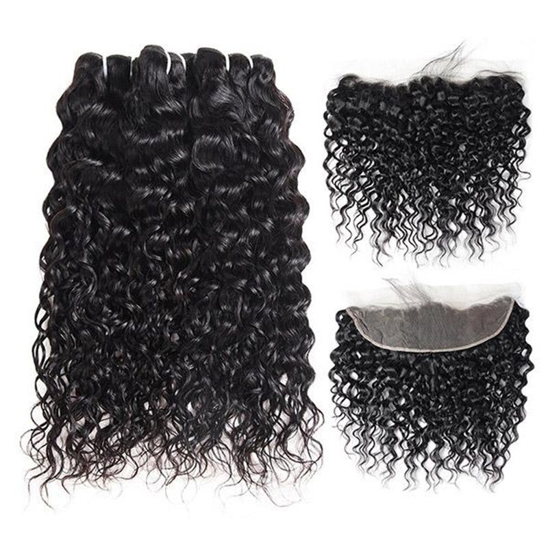 Brazilian Water Wave 3 Bundles with 13*4 Lace Frontal Virgin Human Hair