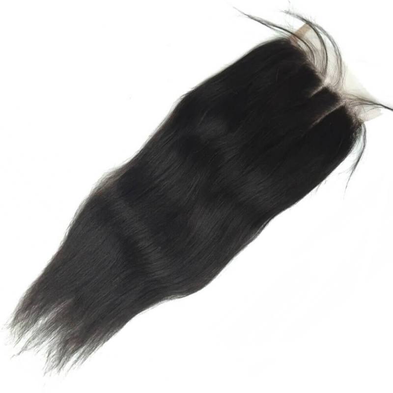 Brazalian Virgin Human Hair 3 Bundles With 4X4  Lace Closure Yaki Straight  Weave