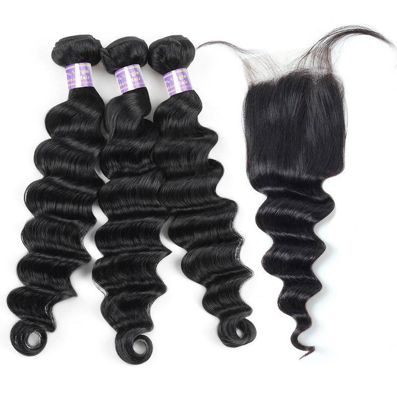 Eseewigs Peruvian Loose Deep Wave 3 Bundles with 4*4 Lace Closure Virgin Hair