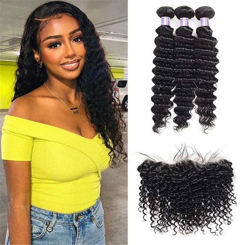 Brazilian Deep Wave 3 Bundles with 13*4 Lace Frontal Virgin Human Hair