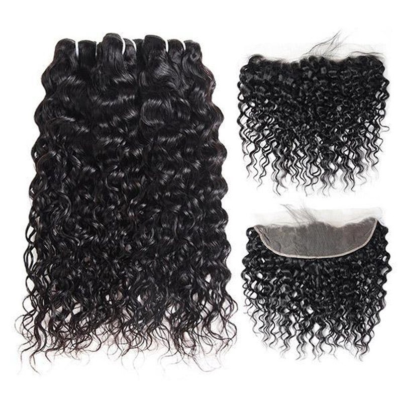 Indian Water Wave 3 Bundles with 13*4 Lace Frontal Closure Human Hair