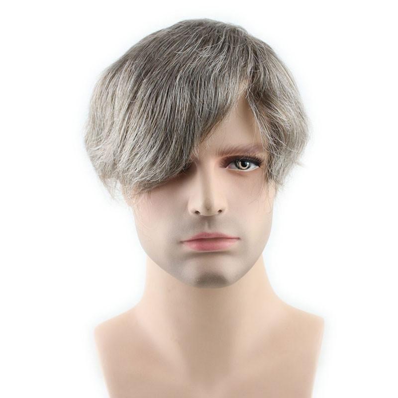 Men's Toupee 10×8 inch Human Hair 6# Mix 40% Grey Hair Thin Skin Hairpiece Hair Replacement System Monofilament Net Base for Men