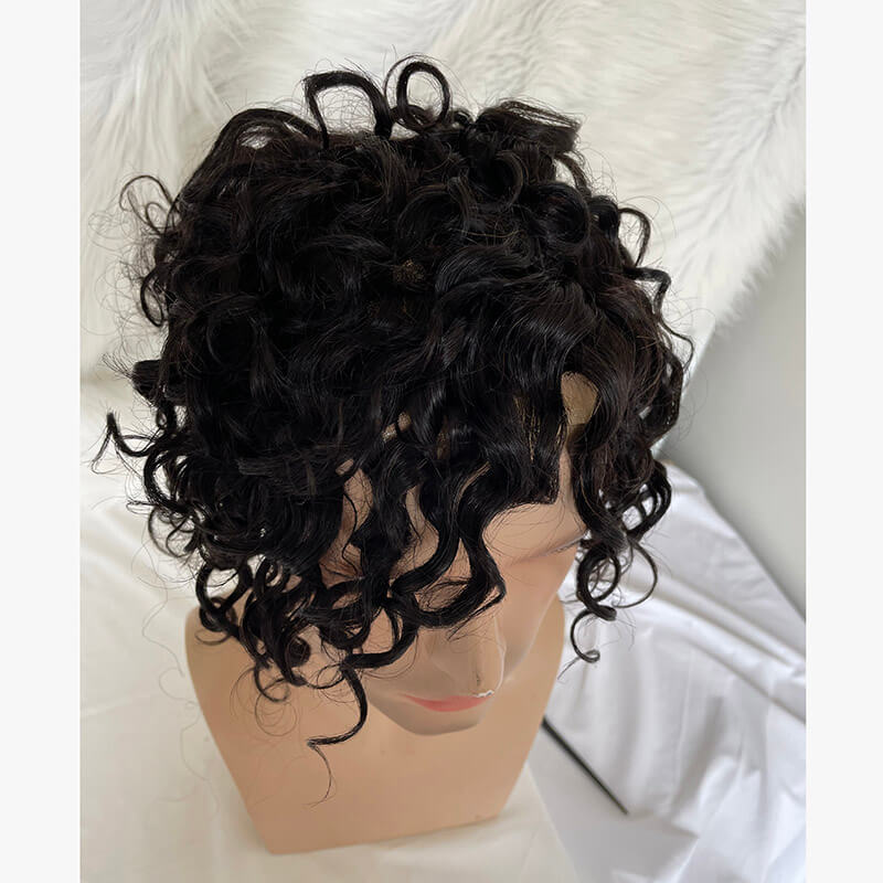 Fashion Toupee For Men loose Black Curly Wavy Hairstyle human Hair French Lcae 120%Density