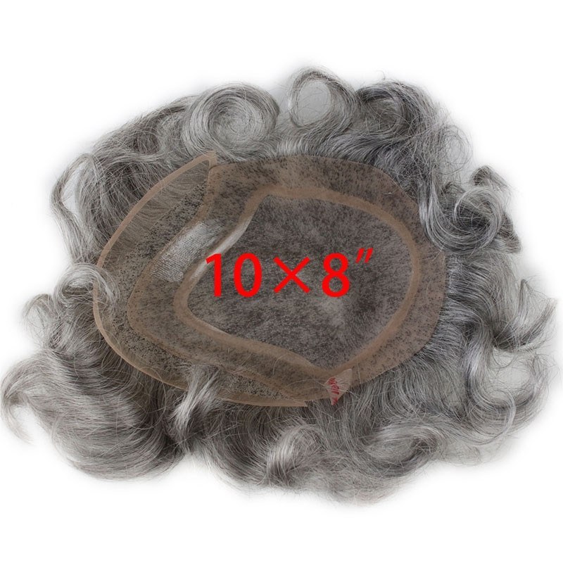 Men's Toupee 10×8 inch Human Hair 1B Mix 80% Grey Hair Thin Skin Hairpiece Hair Replacement System Monofilament Net Base for Men