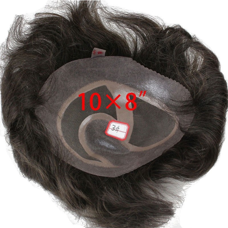 Men's Toupee 10×8 inch 100% Human Hair 3# Color Thin Skin Hairpiece Hair Replacement System Monofilament Net Base for Men