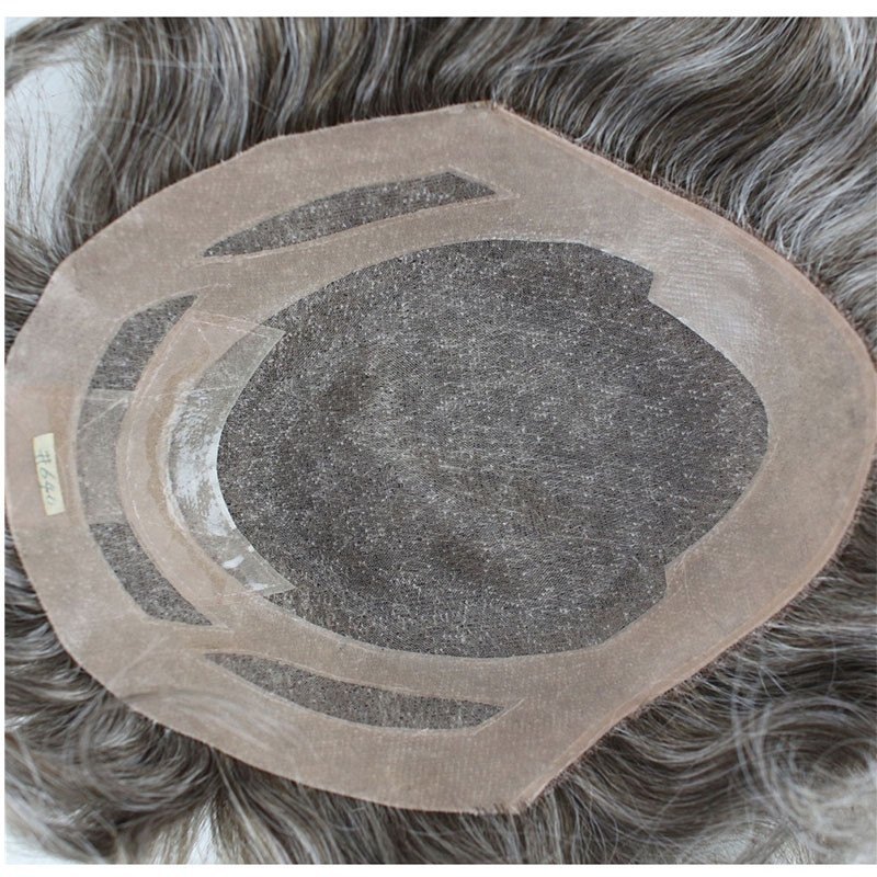 Men's Toupee 10×8 inch Human Hair 6# Mix 40% Grey Hair Thin Skin Hairpiece Hair Replacement System Monofilament Net Base for Men