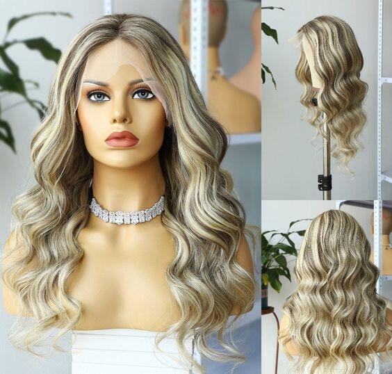 Highlight Body Wave  Brown with Blonde Human Hair Wigs Brazilian Remy Transparent Lace Frontal Wigs For Women Pre Plucked Body Wave Wig 150 180 Density