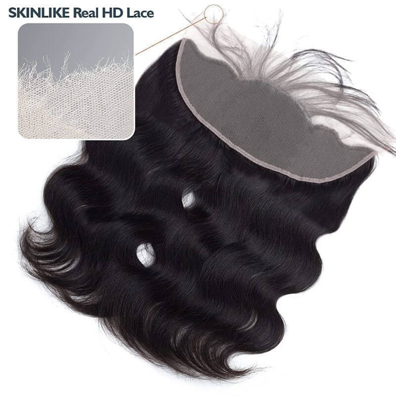 13x4 Body Wave Skinlike Real HD Swiss Lace Frontal Ultra Thin Invisible Lace Pre-plucked Clean Natural Hairline Skin Melt Swiss Lace Frontal Piece Natural Black  12-22 inch