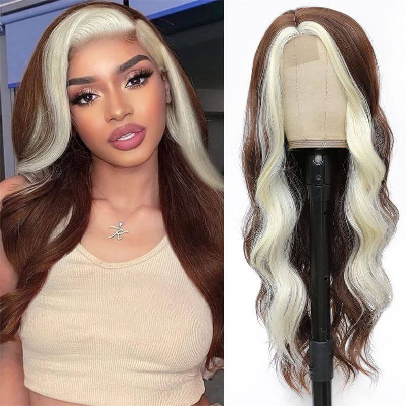 Skunk Stripe Human Virgin Hair Ombre Color Wigs Skunk Stripe Lace Front Wig Long Wavy Human Hair Wigs for Black Women Highlight Wavy Wig Wavy Lace Front Wig Natural Looking Replacement Wigs (Brown Mixed Blonde)