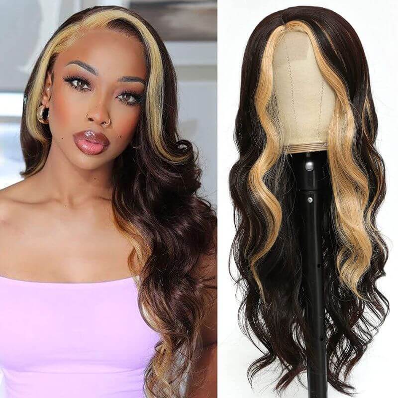 Skunk Stripe Human Virgin Hair Ombre Color Wigs Highlights  Lace Front Wigs 28 inch Long Wavy Lace Front Wig with Highlights Human Hair Wig  Long Wavy Lace Wigs for Black Women Honey Blonde Skunk Stripe Wigs