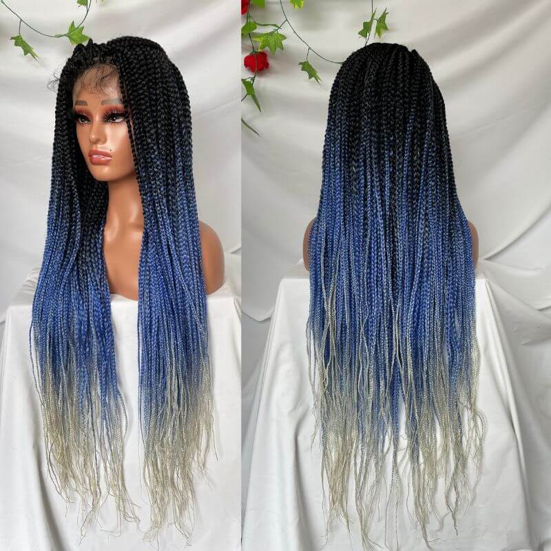 9x6 Lace 36 Inch double Lace Front Box Braided Wigs 1B Ombre Blue Green Red Wigs Knotless Cornrow Braids Lace Frontal Wig Synthetic Black Hand Braided Wigs With Baby Hair for African American Women