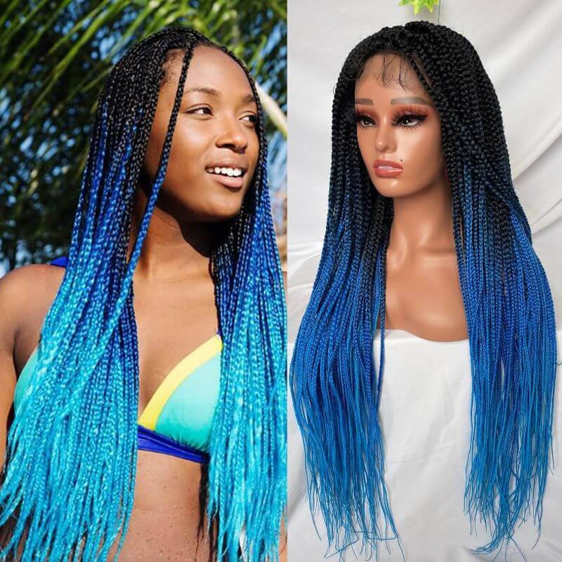 9x6 Lace 36 Inch double Lace Front Box Braided Wigs 1B Ombre Blue Green Red Wigs Knotless Cornrow Braids Lace Frontal Wig Synthetic Black Hand Braided Wigs With Baby Hair for African American Women