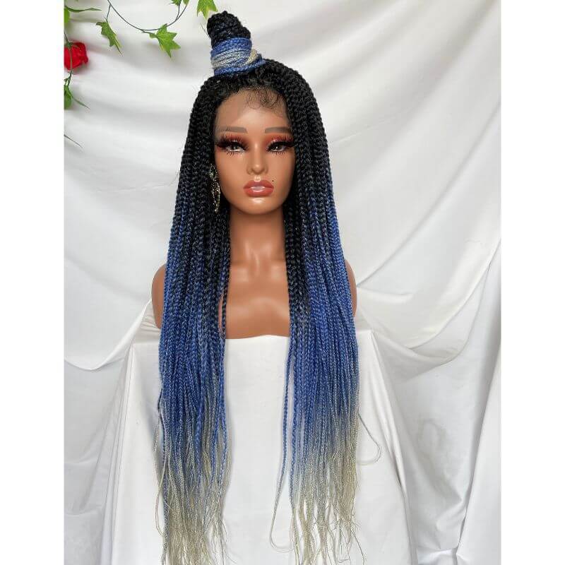 9x6 Lace 36 Inch double Lace Front Box Braided Wigs 1B Ombre Blue Green Red Wigs Knotless Cornrow Braids Lace Frontal Wig Synthetic Black Hand Braided Wigs With Baby Hair for African American Women