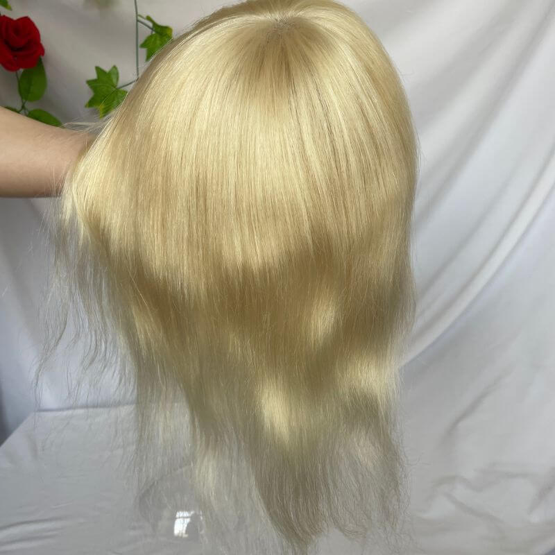 Long Human Hair Wigs Men's Toupee Blonde Color Full Skin Pu Base  12 Inch for Men and Women Natural Hairline Silky Straight Wave 8x10 613 Blonde Color Skin Base Hair Stystem
