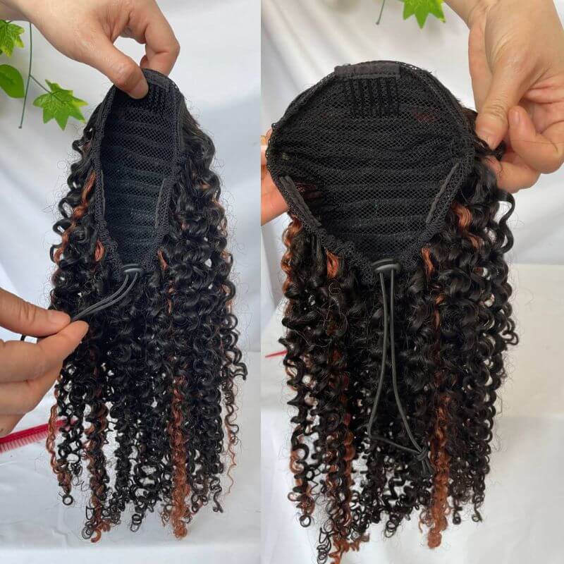 Clip In Indian Human Hair Kinky Curly Ponytail Extensions 1B Highlight 30 Color