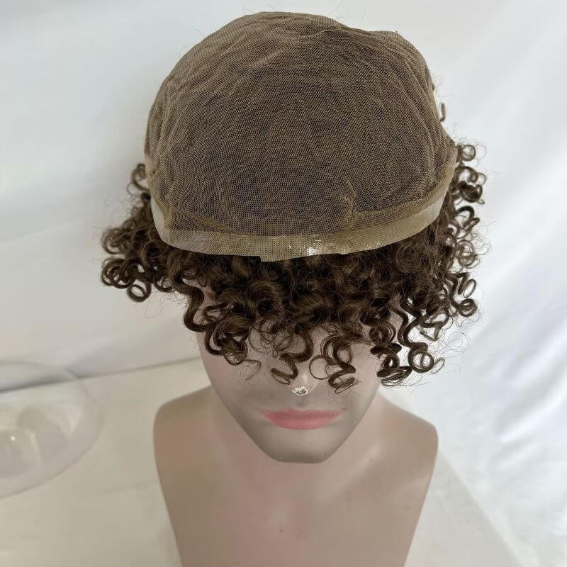 Full Swiss Lace Base Breathable Human Hair Afro Curly  Men's Toupee Natural Hairline Replacement Toupee for Men Brown Color