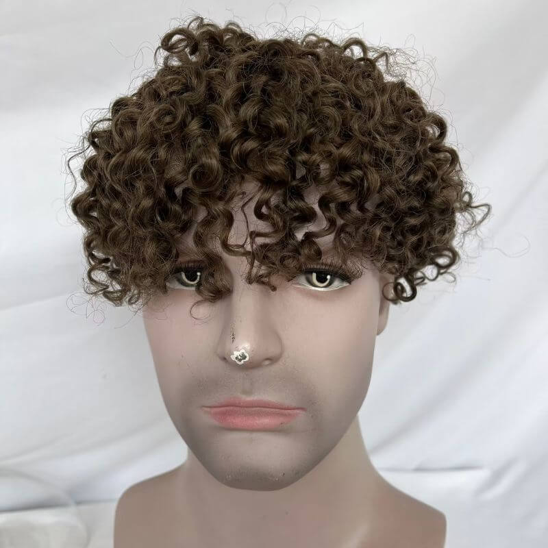 Full Swiss Lace Base Breathable Human Hair Afro Curly  Men's Toupee Natural Hairline Replacement Toupee for Men Brown Color
