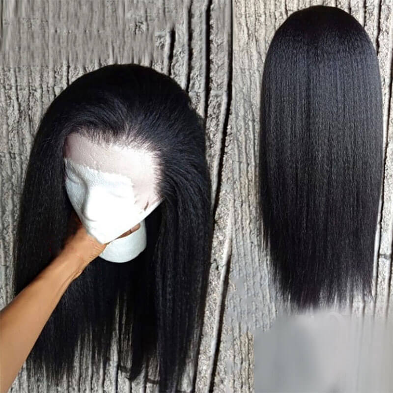 Pre Plucked Lace Front Wig Kinky Straight Human Hair for Women Black Color Brazilian Remy Hair Natural Hairline