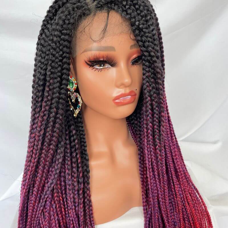 9x6 Lace 36 Inch double Lace Front Box Braided Wigs 1B Ombre Purple  Blue Green Red Wigs Knotless Cornrow Braids Lace Frontal Wig Synthetic Black Hand Braided Wigs With Baby Hair for African American Women