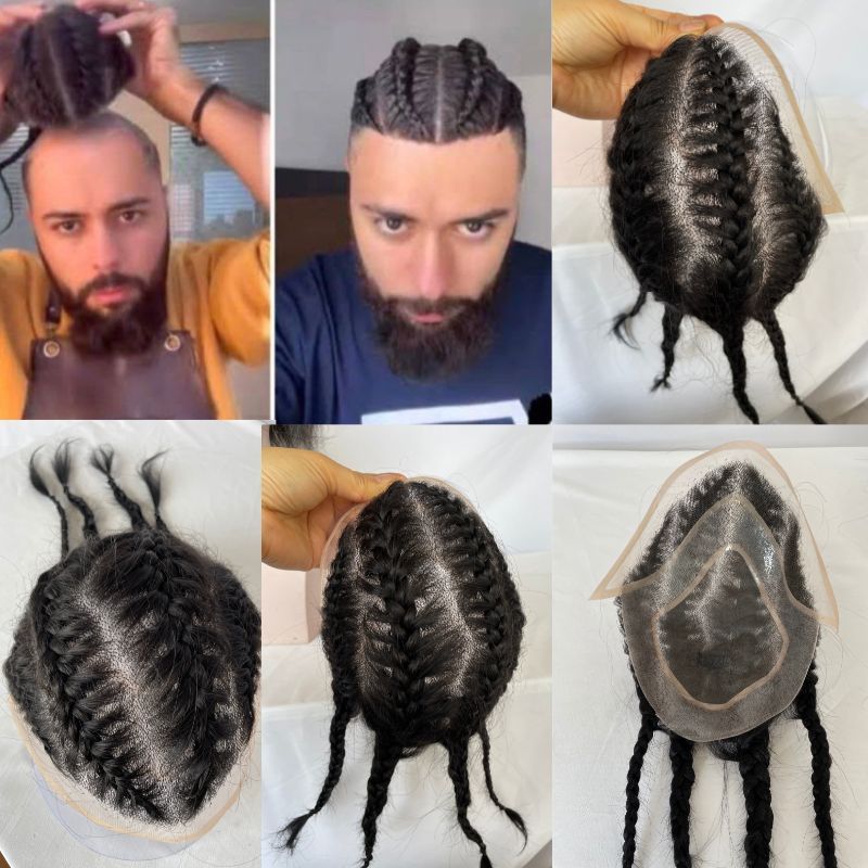 Four Braids Wigs Double Braids Toupee for Men Think Skin Mono Base with PU 100% Human Hair Hairpieces Human Hair Mens Toupee Hair System Replacement