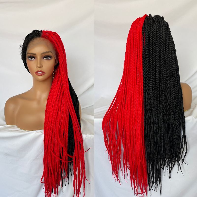 9x6 Lace 36 Inch double Lace Front Box Braided Wigs Half Red Half Black Wigs Knotless Cornrow Braids Lace Frontal Wig Synthetic Black Hand Braided Wigs With Baby Hair for African American Women