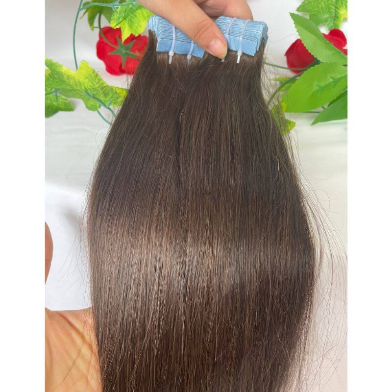 Tape In Hair Extension Adhesive #4 Brown Color  Tape in Hair Extensions 100% Human Cambodian Hair Adhesive Double Siding Straight Tape Ins