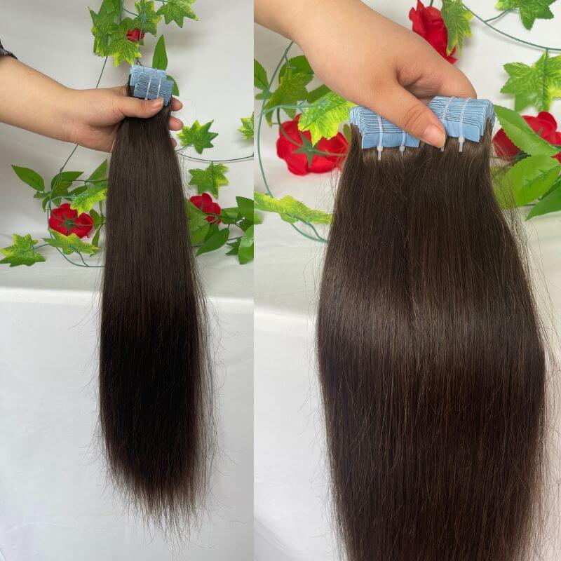 Tape In Hair Extension Adhesive #4 Brown Color  Tape in Hair Extensions 100% Human Cambodian Hair Adhesive Double Siding Straight Tape Ins