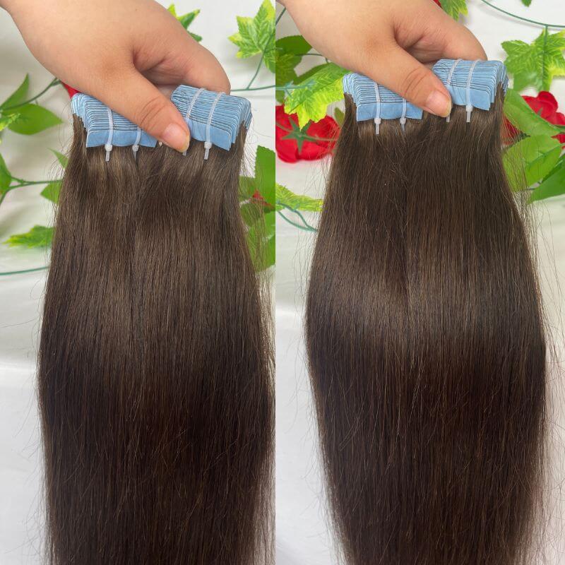 Tape In Hair Extension Adhesive #4 Brown Color  Tape in Hair Extensions 100% Human Cambodian Hair Adhesive Double Siding Straight Tape Ins