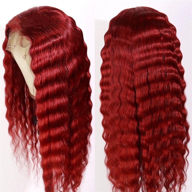 Red Water Wave Wavy Full Lace Human Hair Wig Brazilian Virgin Curly Lace Front Wig