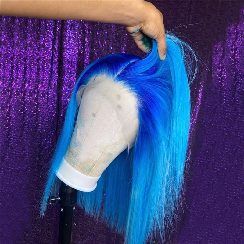 150% Density Bob Lace Front Wigs Blue Ombre Colored Straight Human Hair Wig 13x4 Lace Front Wig Pre Plucked