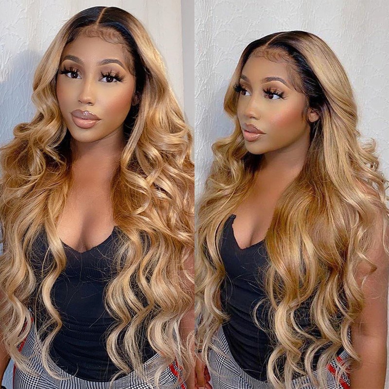 Ombre Honey Blonde Lace Front Wigs Body Wave Wig Human Hair Remy Brazilian Human Hair Wigs For Women Lace Part Wig 150 Density