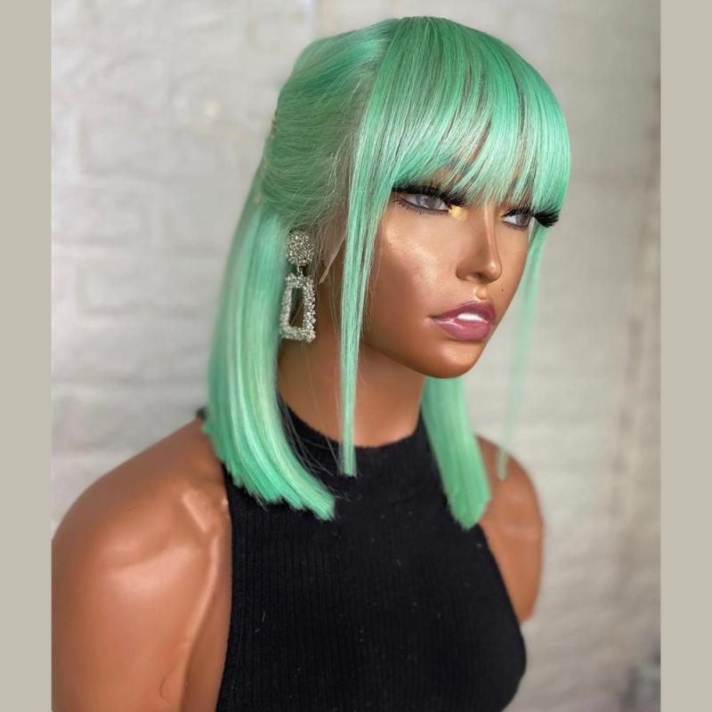 Human Hair Mint Green Color Lace Front Bob Wig With Bang