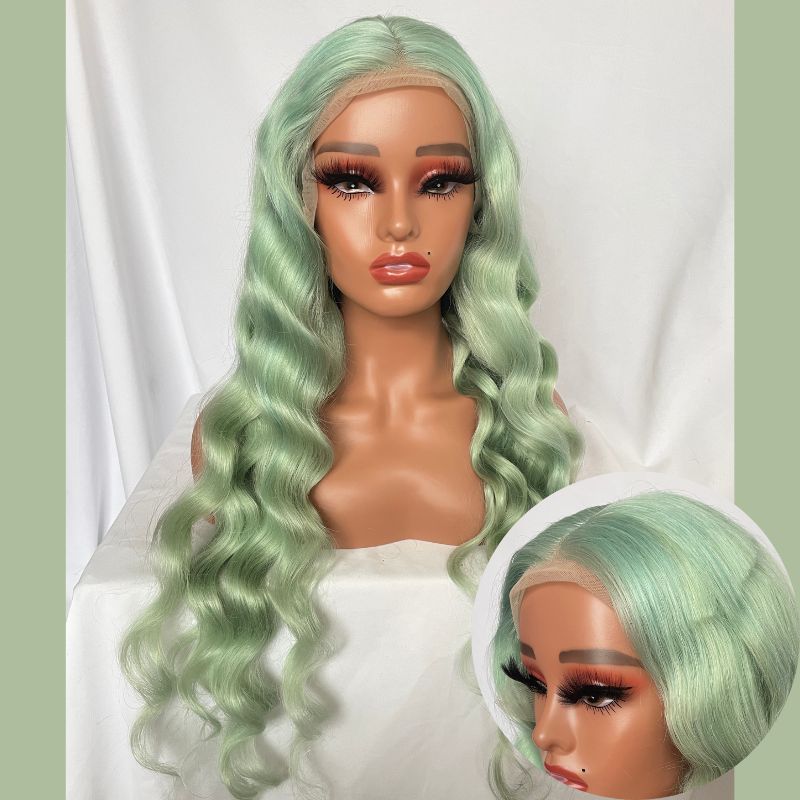 Human Hair Mint Green Color Lace Front Bob Wig With Bang