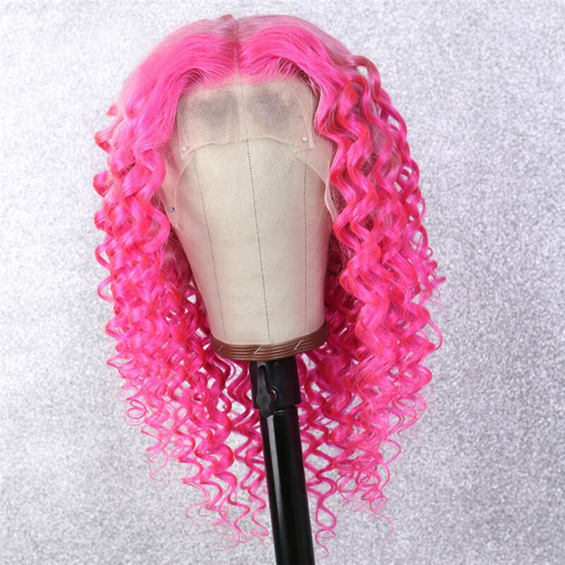 13x4 Brazilian Curly Human Hair Wigs 150% Pink Colored Hotpink Remy Lace Front Human Wig Pre Plucked Transparent Lace