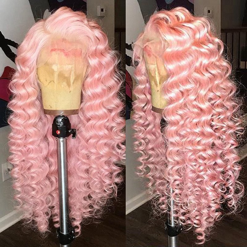 Pink Color Culry Human Hair Wig Remy Brazilian Colored Wigs For Women Deep Curly Lace Front Wig Transparent Lace Wigs